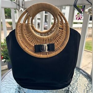 Salvatore Ferragamo Tote Bag Womens Black Nylon Wicker Vara Bow EZ-21 5338